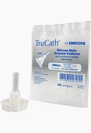 Silicone male external catheter with adhesive in front of product packaging, small size.