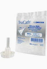 Silicone male external catheter with adhesive in front of product packaging, small size.
