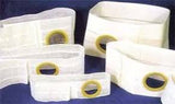 White ostomy belts with round stoma openings displayed on a blue background