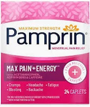 Pamprin Maximum Strength caplets box for menstrual pain relief, 24 count, pink packaging.