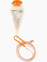 100ml enteral feeding syringe with orange cap and attached medical tubing