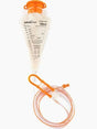 100ml enteral feeding syringe with orange cap and attached medical tubing