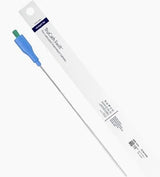 Sterile medical catheter with blue and green connector in individual packaging