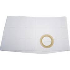 White ostomy barrier with round adhesive opening for medical stoma care on clean background.
