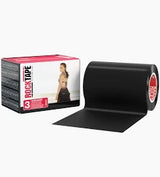 Black kinesiology tape roll with packaging for muscle and joint support