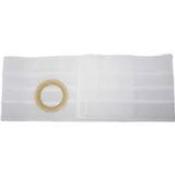 White ostomy belt with adhesive ring for secure medical appliance attachment