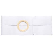 White ostomy belt with central circular opening for medical stoma support