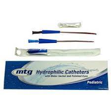 Pediatric hydrophilic catheters with water sachet and blue polished eye tips, sterile packaging