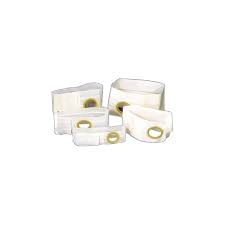 Collection of ostomy belts with soft white fabric and oval openings for medical use