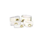 Collection of ostomy belts with soft white fabric and oval openings for medical use