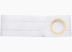White ostomy belt with elastic bands and round flange opening on plain background.