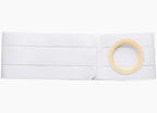 White ostomy belt with elastic bands and round flange opening on plain background.