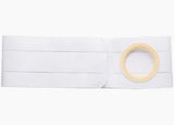 White ostomy belt with elastic bands and round flange opening on plain background.