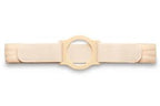 Adjustable beige medical support belt with central circular opening for ostomy care