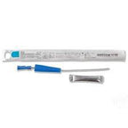Sterile intermittent catheter kit with blue connector, lubricating jelly, and packaging