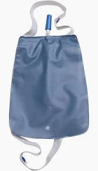 Blue medical water bag with attached white straps and blue nozzle for home care