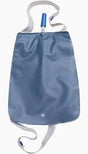 Blue medical water bag with attached white straps and blue nozzle for home care