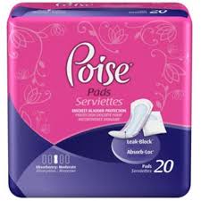 Poise pads pack for moderate absorbency, purple and pink packaging, 20 count, incontinence product.