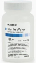 100 mL bottle of McKesson sterile water for single patient medical use
