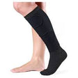 Adjustable black compression sock on lower leg for improved circulation and medical support
