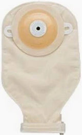 Beige ostomy bag with adhesive barrier, medical supply for stoma care and chronic conditions