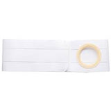 White ostomy belt with beige ring for medical stoma care, laid flat on plain background