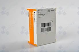 Medical supply box with barcode and orange label on white background, essential health product