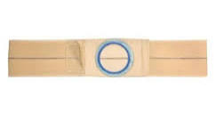 Adjustable beige ostomy belt with blue circular opening for medical support