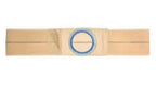 Adjustable beige ostomy belt with blue circular opening for medical support
