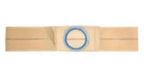 Adjustable beige ostomy belt with blue circular opening for medical support