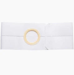 White ostomy belt with round adhesive opening for medical ostomy care