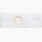 White ostomy belt with round adhesive opening for medical ostomy care