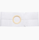 White ostomy belt with round adhesive opening for medical ostomy care