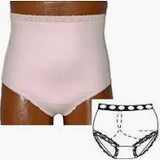 High-waisted light pink adult incontinence underwear with diagram showing protection design