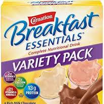 Carnation Breakfast Essentials variety pack box with chocolate, vanilla, and strawberry drink flavors