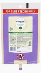 Tube feeding nutrition bag with labeled instructions and purple packaging for medical use