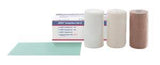 Medical compression bandage kit with three rolls and a green support sheet