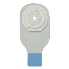 Ostomy pouch for medical stoma care, adhesive barrier and filter visible, home health supply