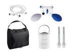 Assorted medical device accessories and supplies, including tubes, filters, and carrying case.