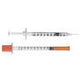 Two medical syringes with clear barrels and orange caps on a white background