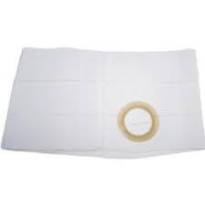 Ostomy belt with attached beige circular adhesive barrier on white background