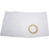 Ostomy belt with attached beige circular adhesive barrier on white background