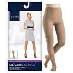 Beige medical compression pantyhose with product packaging, designed for leg support.