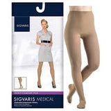 Beige medical compression pantyhose with product packaging, designed for leg support.
