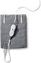 Gray electric heating pad with attached controller on white background