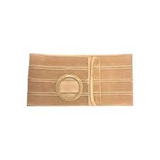 Beige abdominal support belt for ostomy care with adjustable straps and stoma opening