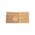 Beige abdominal support belt for ostomy care with adjustable straps and stoma opening