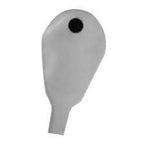 Grey medical ostomy pouch with black filter on white background, essential medical supply