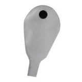 Grey medical ostomy pouch with black filter on white background, essential medical supply