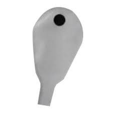 Grey medical ostomy pouch with black filter on white background, essential medical supply